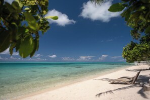 A beach with clear turquoise water, a white sandy shore, and a palm tree. - Matira Lagoon (Bora Bora)