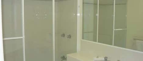 A bathroom with a glass-enclosed shower, a sink, and a mirror.