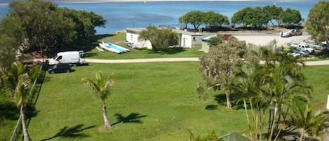 A coastal property with a grassy lawn, palm trees, and a view of the sea.