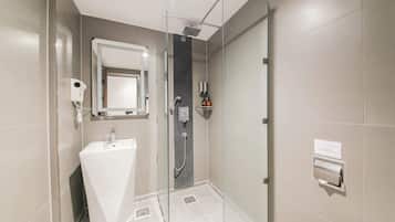 Hair dryer, towels, soap, shampoo