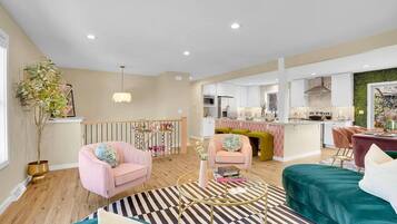 Smart TV, fireplace, books