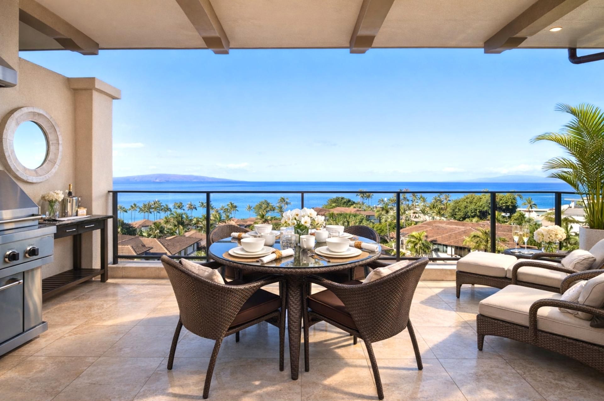 A dining area with a table set for four, overlooking a scenic ocean view.