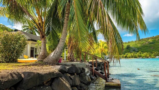 A tropical beach with a stone pier, palm trees, and a kayak. - Paradise (Bora Bora)