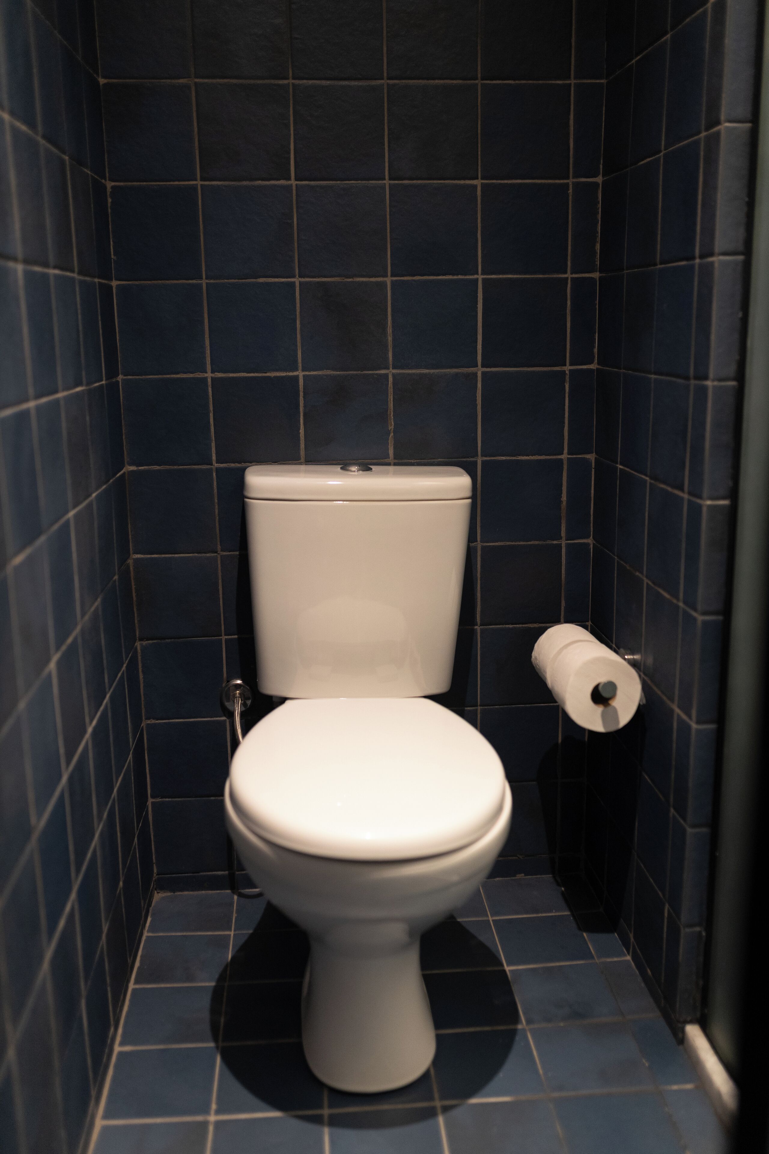 A small, dark blue tiled bathroom with a white toilet and a single roll of toilet paper.