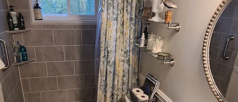 Shower, hair dryer, bidet, towels