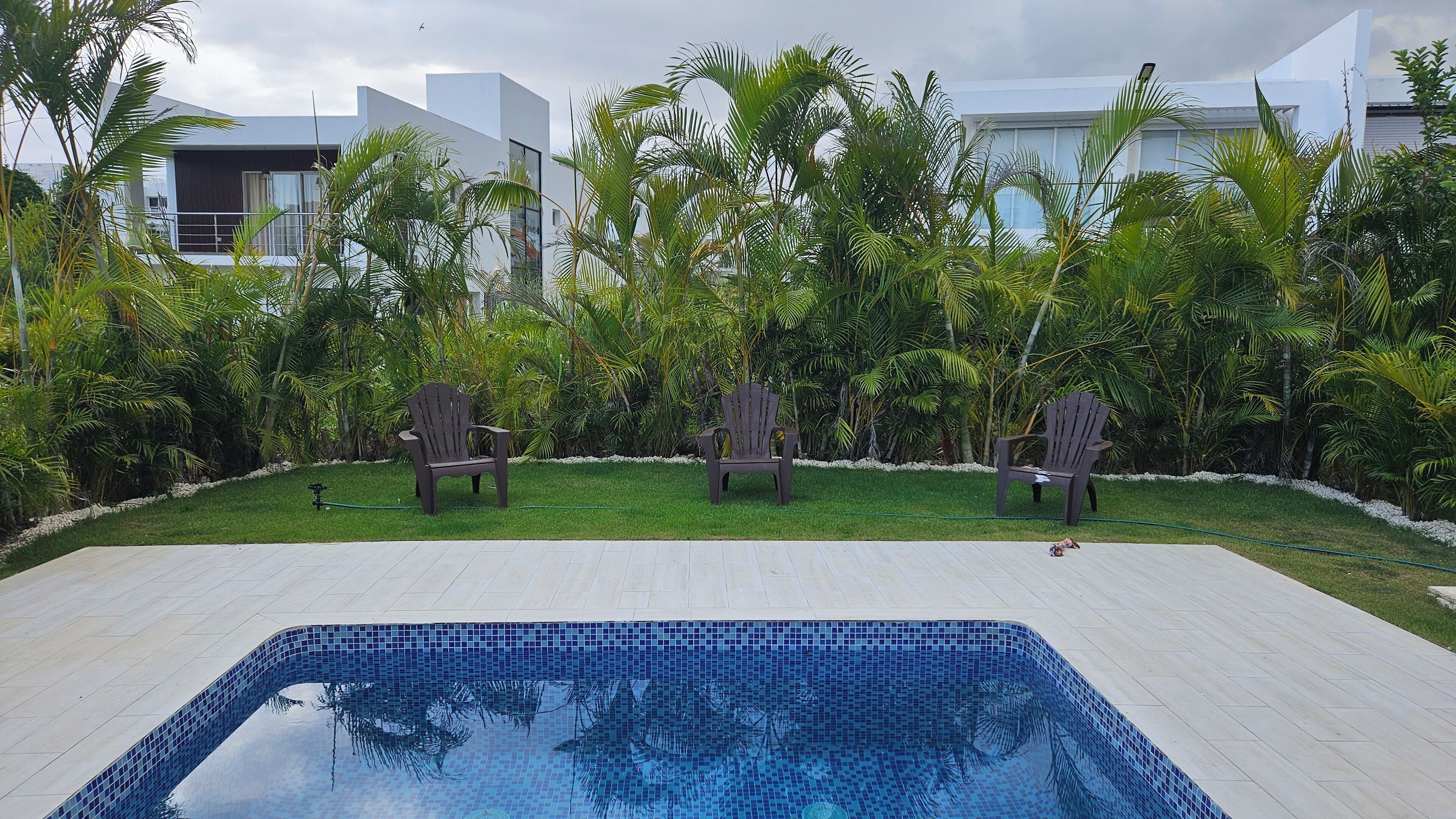 A swimming pool with a tiled edge, surrounded by a grassy area with three Adirondack chairs and lush tropical plants.