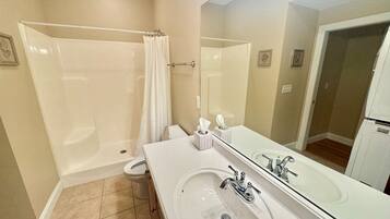 Hair dryer, towels, soap, shampoo