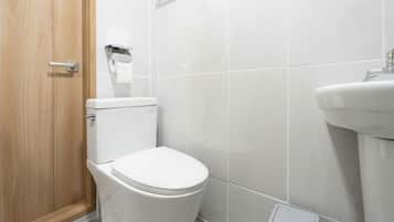 A modern bathroom with a toilet, a sink, and a wooden door.