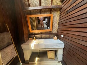 Shower, hair dryer, bidet, towels