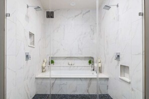 Shower, hair dryer, towels - Modern French-Style Home w/ Loft, Patio & Bikes Included - The Watson (Austin)