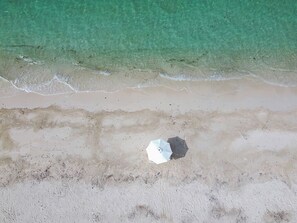 En strand med krystalklart turkis vand og en hvid parasol i sandet.