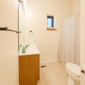 Ein Badezimmer mit Toilette, Waschbecken, Spiegel und Duschvorhang.