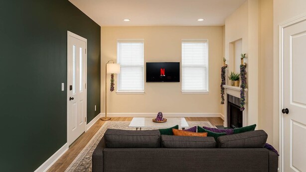 A living room with a sofa, TV, fireplace, and two windows. - Soulard King 1BR w Washer & 370 Mbps Wi-Fi (St. Louis)