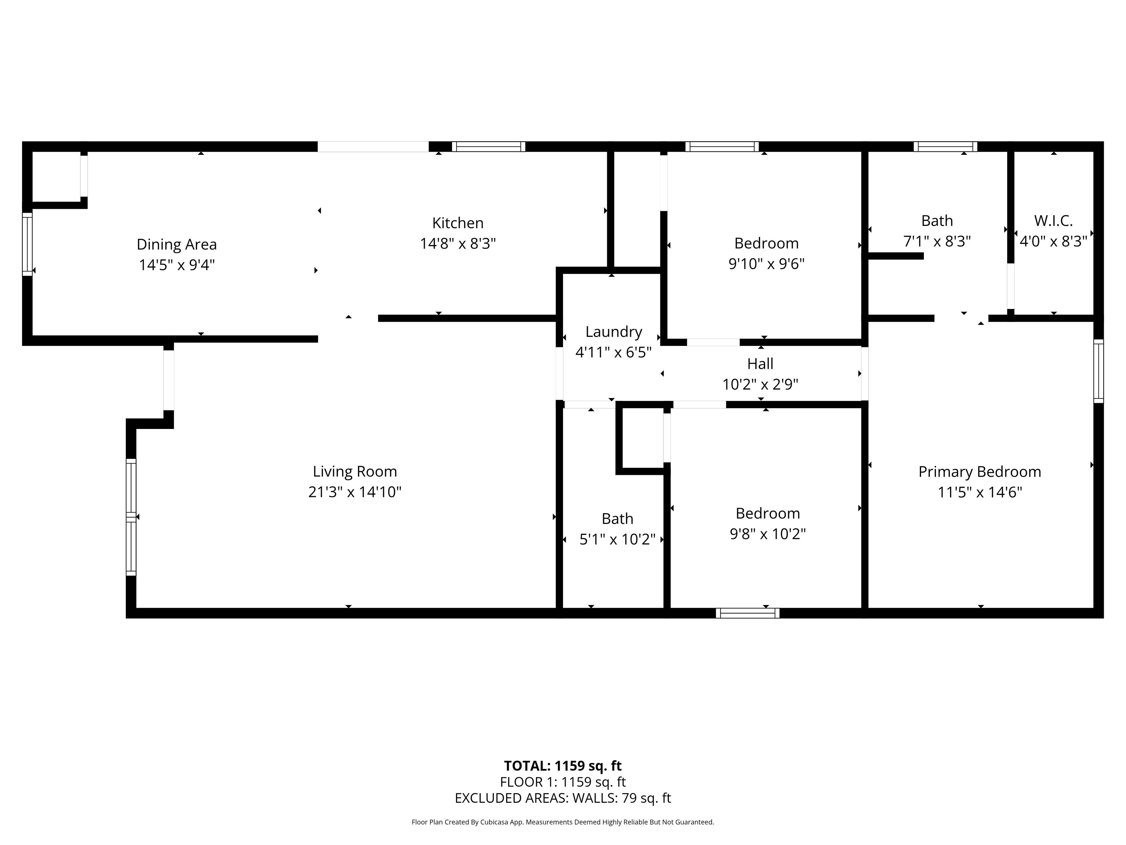 A floor plan of a house with a total area of 1159 sq. ft. on the first floor, excluding walls.