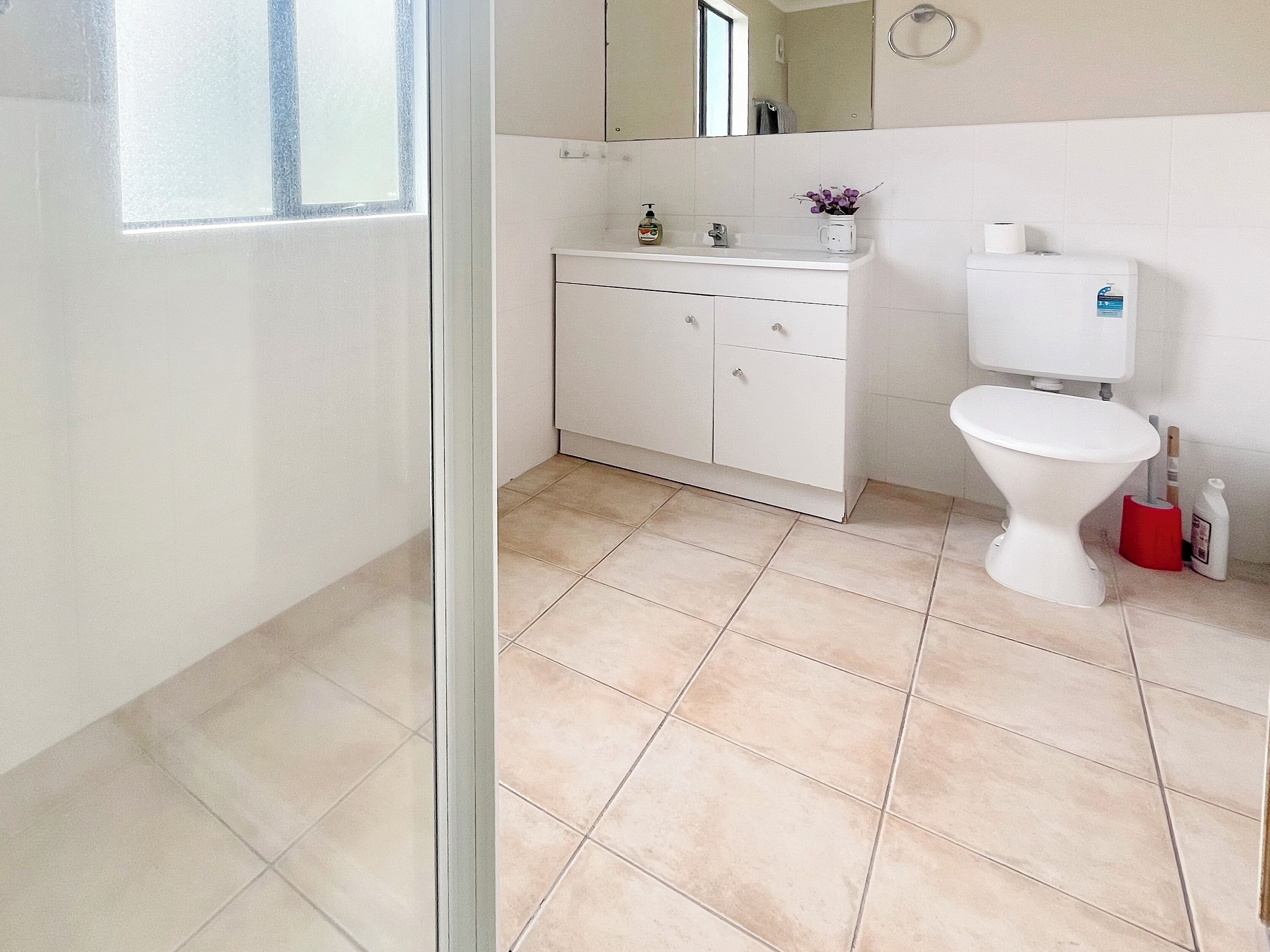 Une salle de bain avec des toilettes, un lavabo et un miroir.