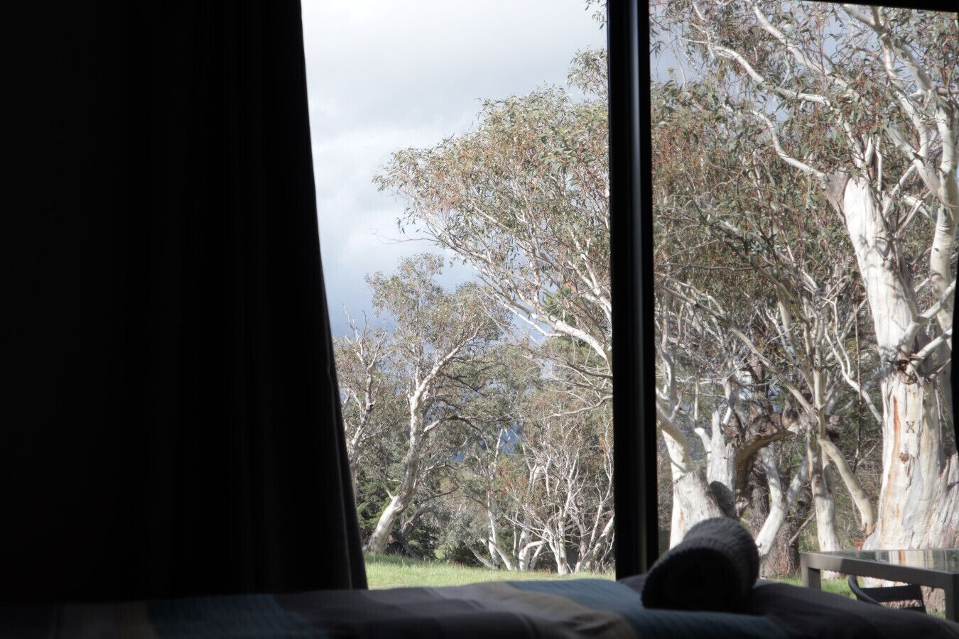A room with a large window overlooking a natural landscape with trees.