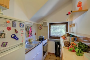 Fridge, oven, stovetop, coffee/tea maker