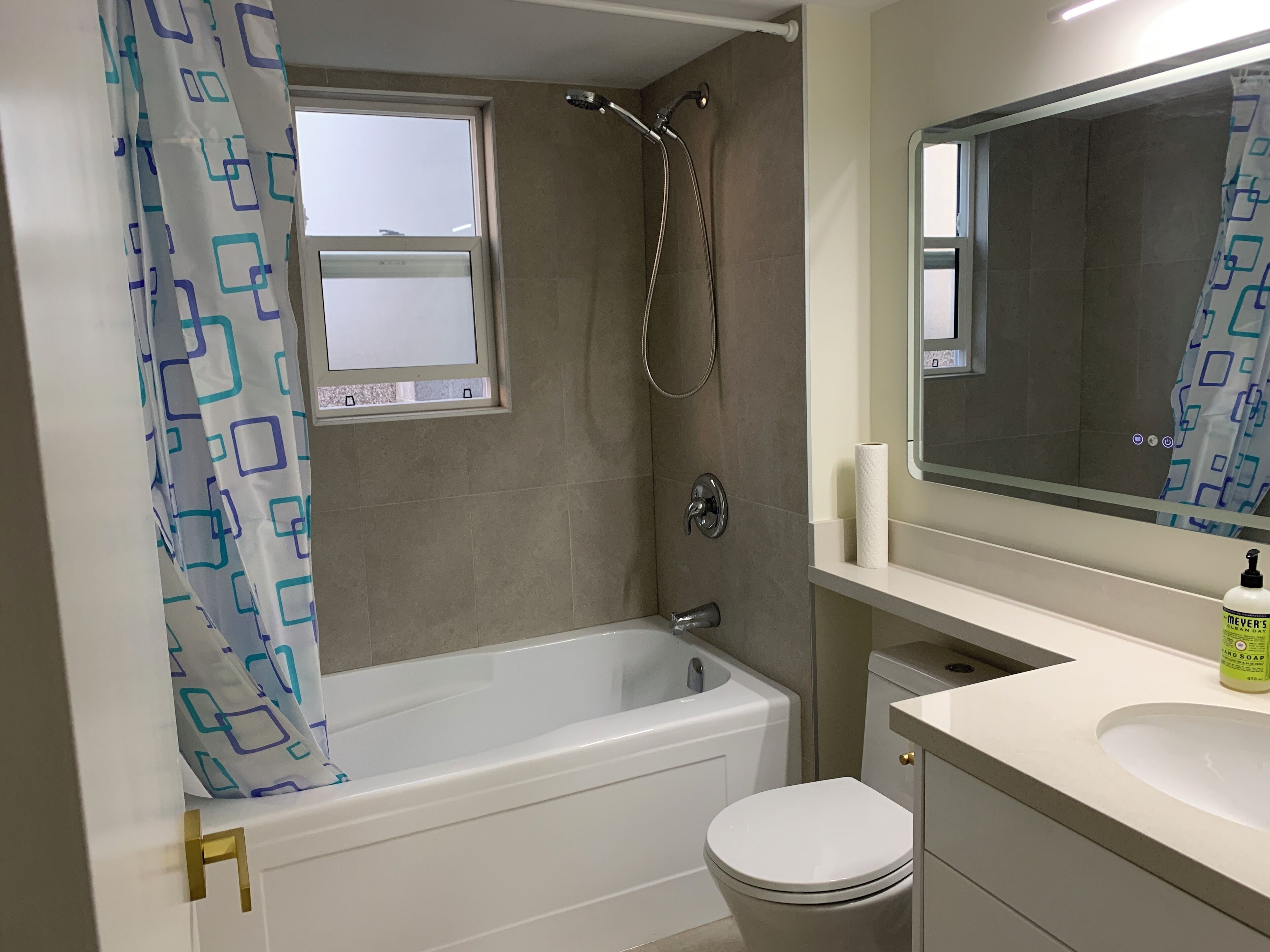 Hair dryer, towels, soap, toilet paper