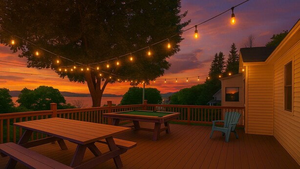 Una terraza con mesas de picnic y una mesa de billar, luces colgantes y vistas al atardecer sobre el agua.