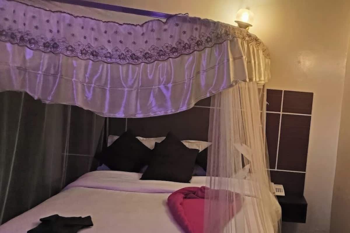 A bedroom with a canopy bed, a bedside table, and wall-mounted lights.