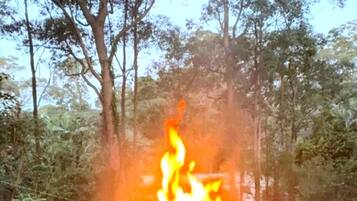 Ein Lagerfeuer in einer Waldlandschaft.
