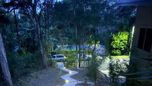 Un chemin menant à un bâtiment entouré d’arbres, avec une voiture garée à proximité.