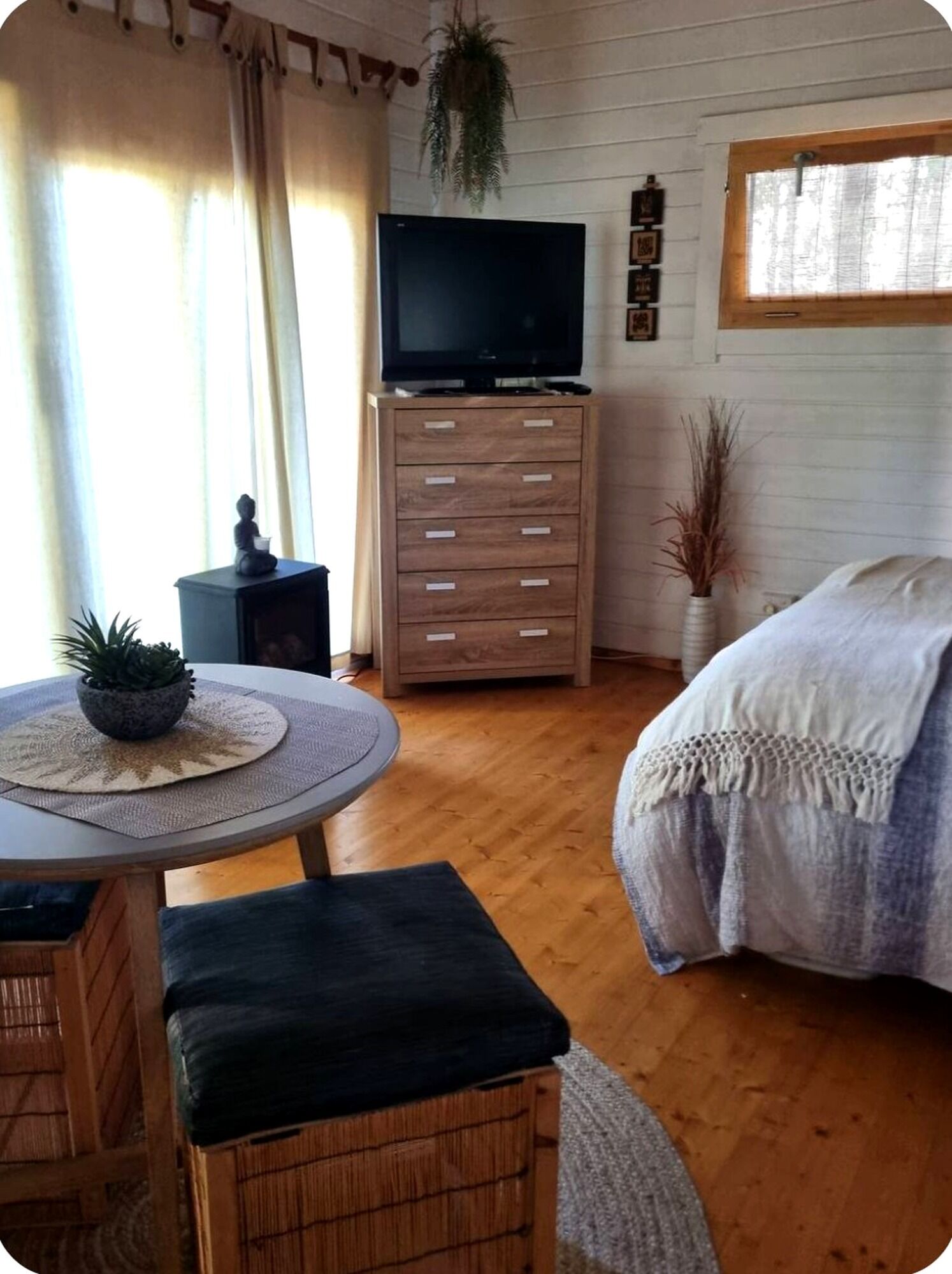 A cozy room with a bed, a TV on a wooden dresser, a small table with a plant, and a window with curtains.