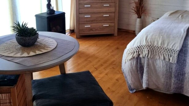 Ein gemütliches Zimmer mit einem Bett, einem Fernseher auf einer Holzkommode, einem kleinen Tisch mit einer Pflanze und einem Fenster mit Vorhängen.