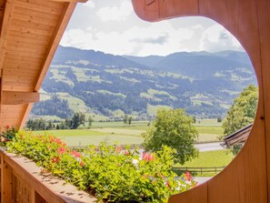 A view through a wooden-framed window with a garden in the foreground. - Lovely apartment for 4 people with WIFI, TV, balcony and pets allowed (Fügen)