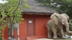 Un bâtiment avec un toit de chaume et une enseigne indiquant « ELEPHANT ROOM ».