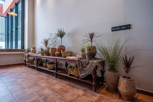 Un pasillo con un banco de madera que muestra diversas plantas en macetas y cestas. Un letrero indica los números de habitación 3047 y 3064.