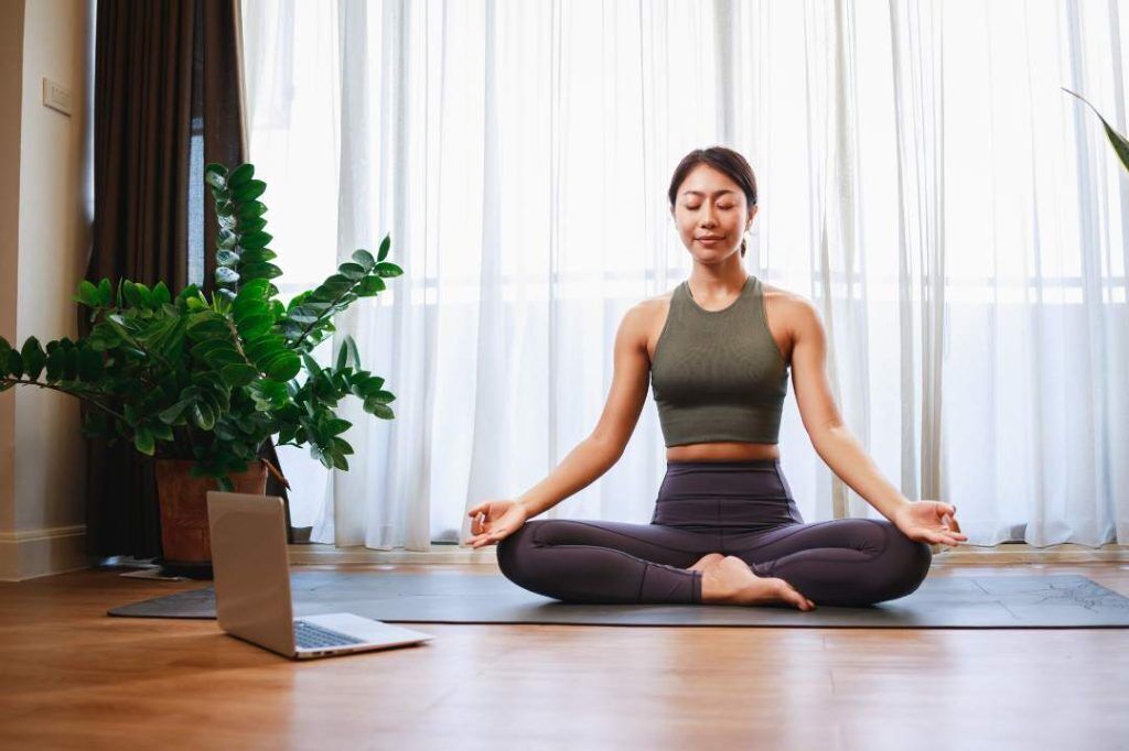 A person sitting cross-legged on a yoga mat in a room with a laptop on the floor, a potted plant, and sheer curtains.
