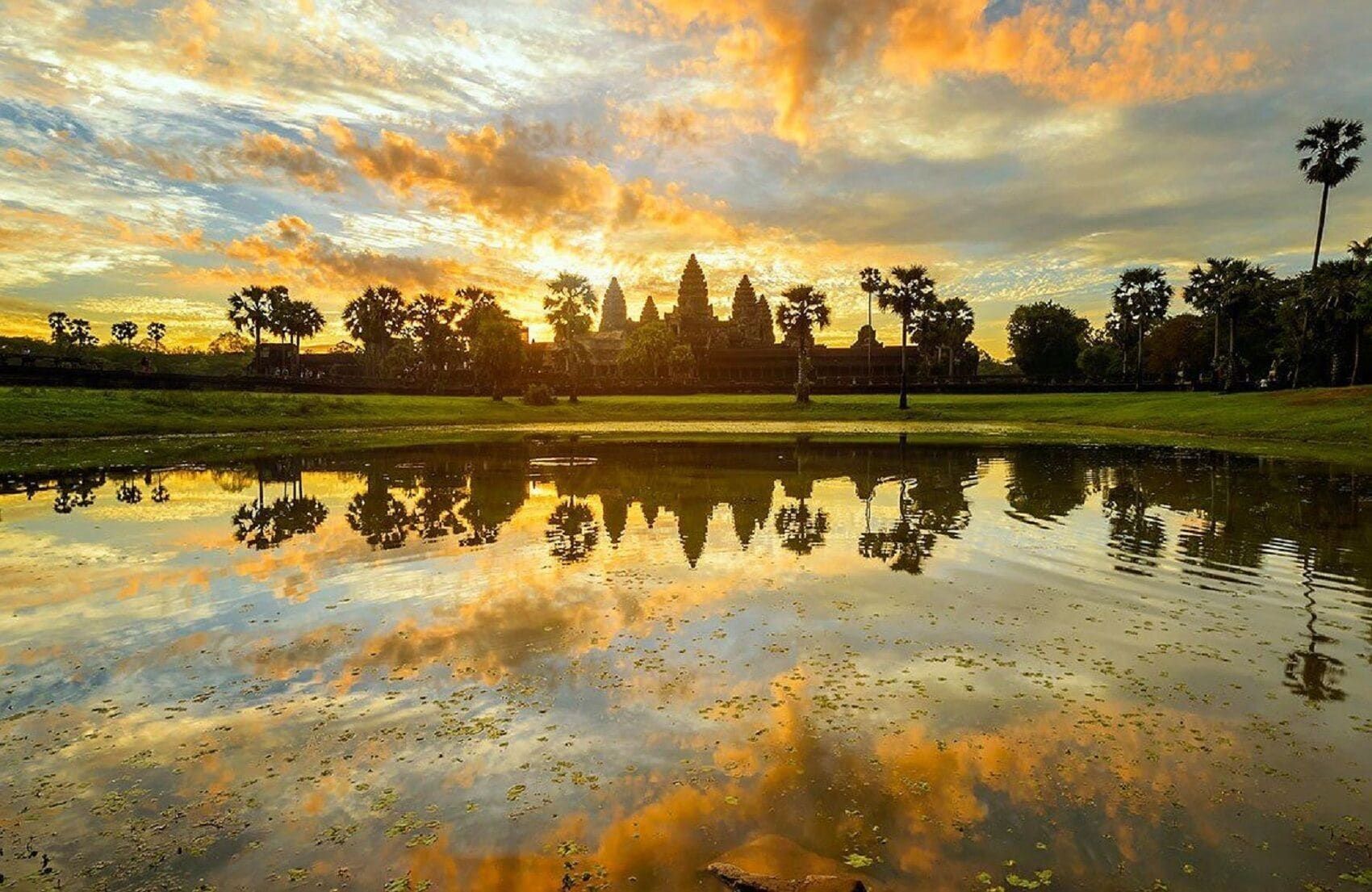 Un paysage paisible avec un étang aux eaux calmes, des arbres et un bâtiment situé au loin.