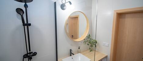 A modern bathroom with a shower, sink, and a mirror.