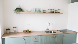 Une cuisine avec un plan de travail en bois, un évier et un meuble vert avec des tiroirs. On peut voir des bocaux sur une étagère au-dessus du plan de travail et une plante sur la gauche.