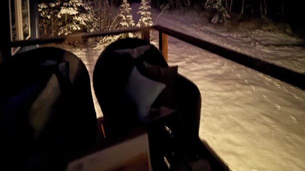A view of the Northern Lights over a snowy landscape with a house and trees in the foreground. - Barrel Sauna + Open Concept + Mountain Getaway = Relaxing Stay (Wasilla)