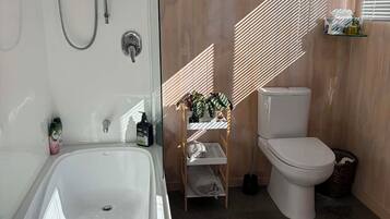 Hair dryer, towels, soap, shampoo