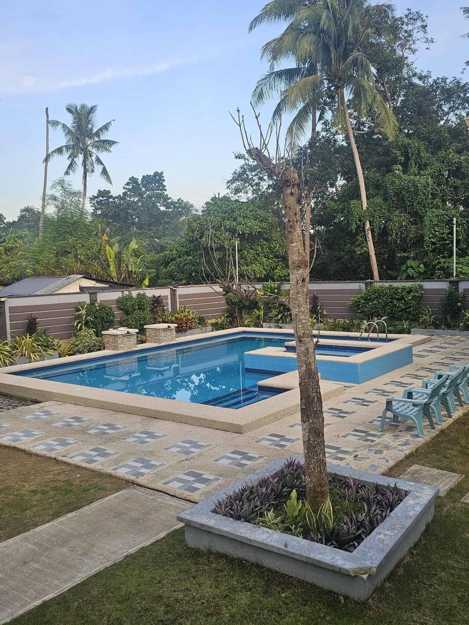 A rectangular swimming pool with a tiled deck, surrounded by a low wall and lush greenery, including palm trees and various plants.