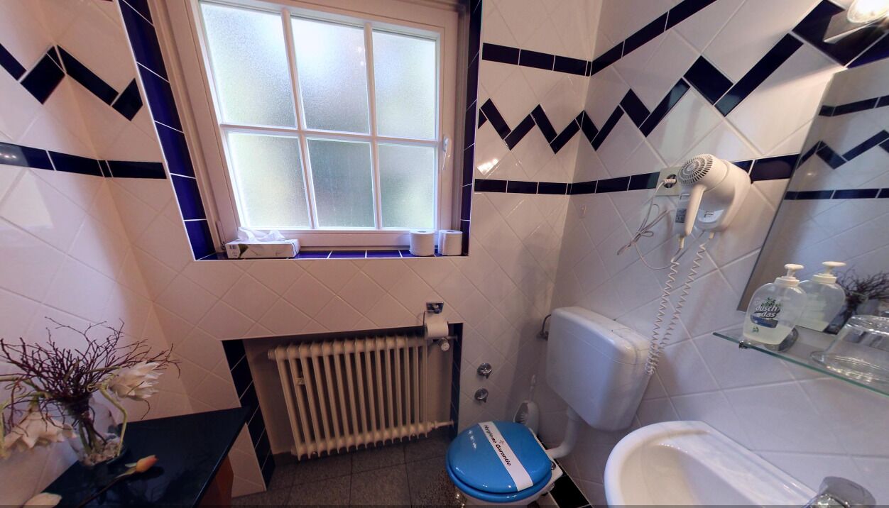 A bathroom with a window, a radiator, a toilet, a hairdryer, and toiletries on a shelf.