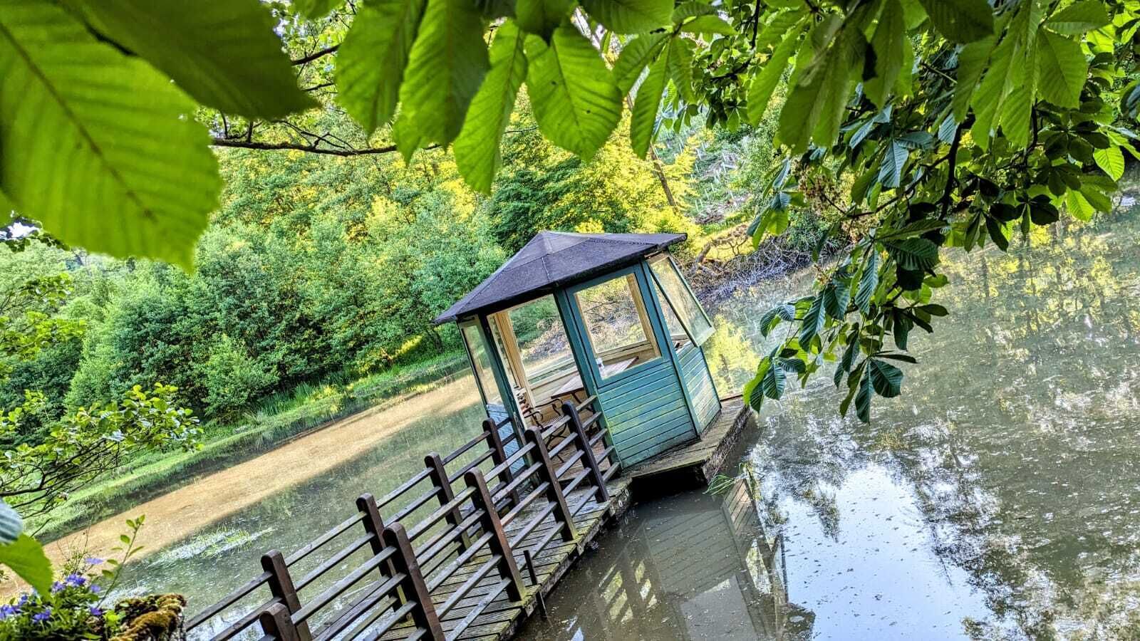 Un puente de madera que lleva a una pequeña estructura de madera cerrada con techo, rodeada de abundante vegetación y un cuerpo de agua tranquilo.