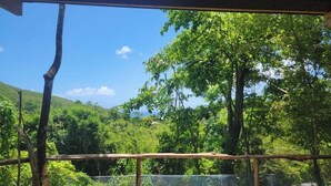 Vue depuis un balcon abrité, doté d’une rambarde en métal, donnant sur un paysage verdoyant et luxuriant, avec des arbres et des collines.