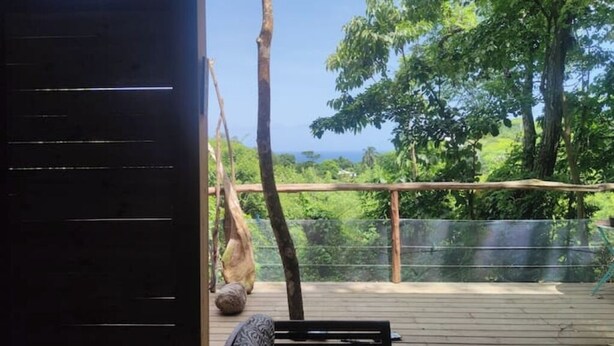 Une terrasse en bois dotée d’une rambarde en verre, offrant une vue sur un paysage verdoyant et luxuriant ainsi que sur une étendue d’eau.