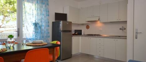 Fridge, microwave, stovetop, cookware/dishes/utensils