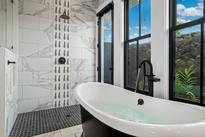 Shower, hair dryer, towels