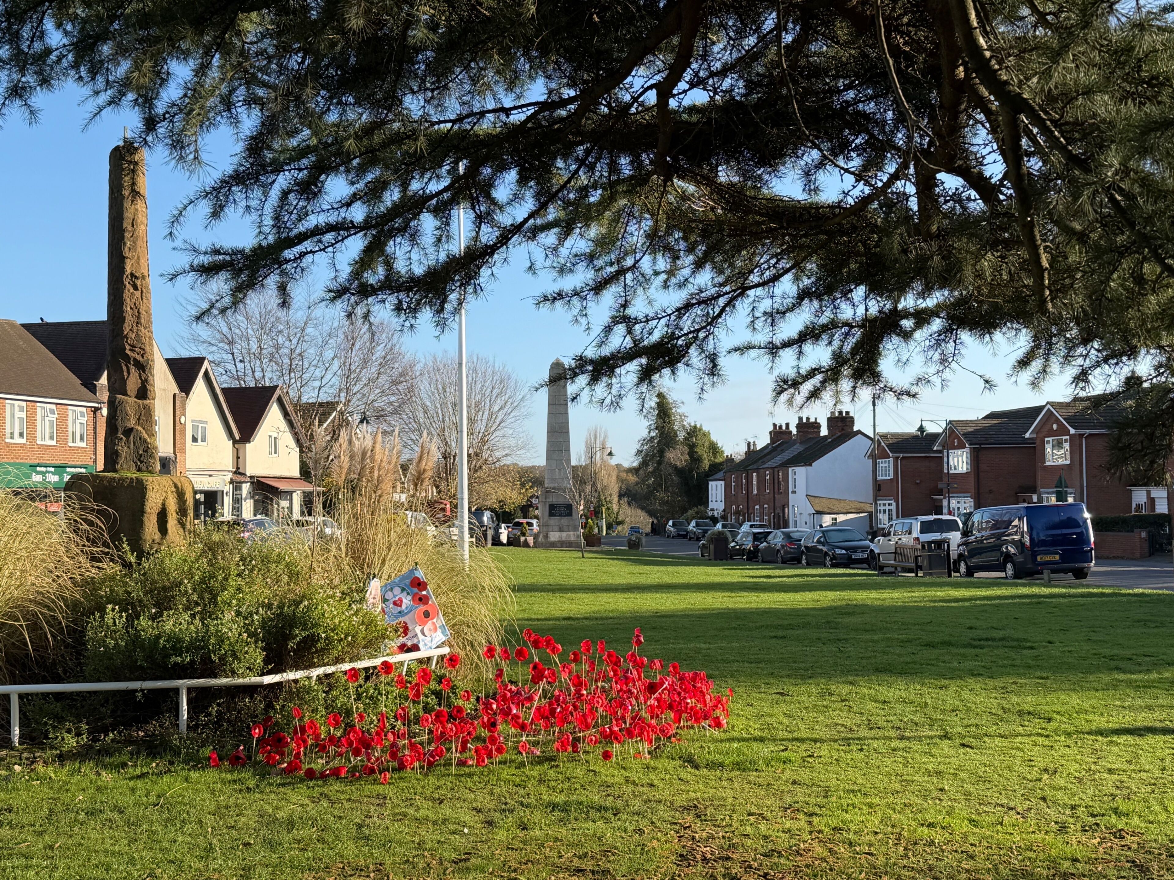 A residential street with houses, parked cars, and a monument.