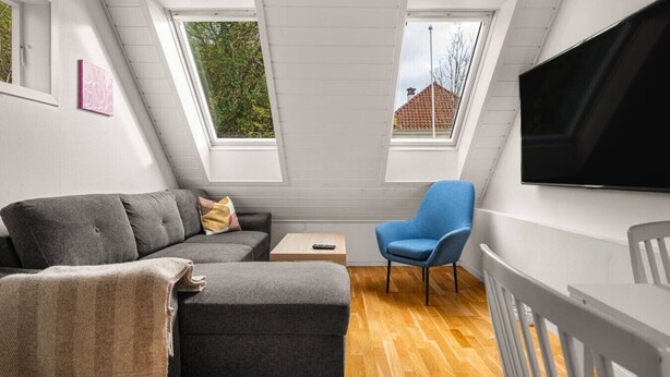 A loft bedroom with a grey sofa, a blue armchair, a TV, and skylights. - Bergen Villa - Charming 3 Bedroom a View (Bergen)