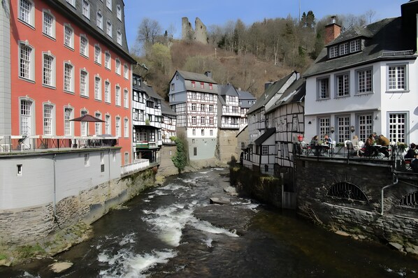 A river running through a town with historic buildings on either side.