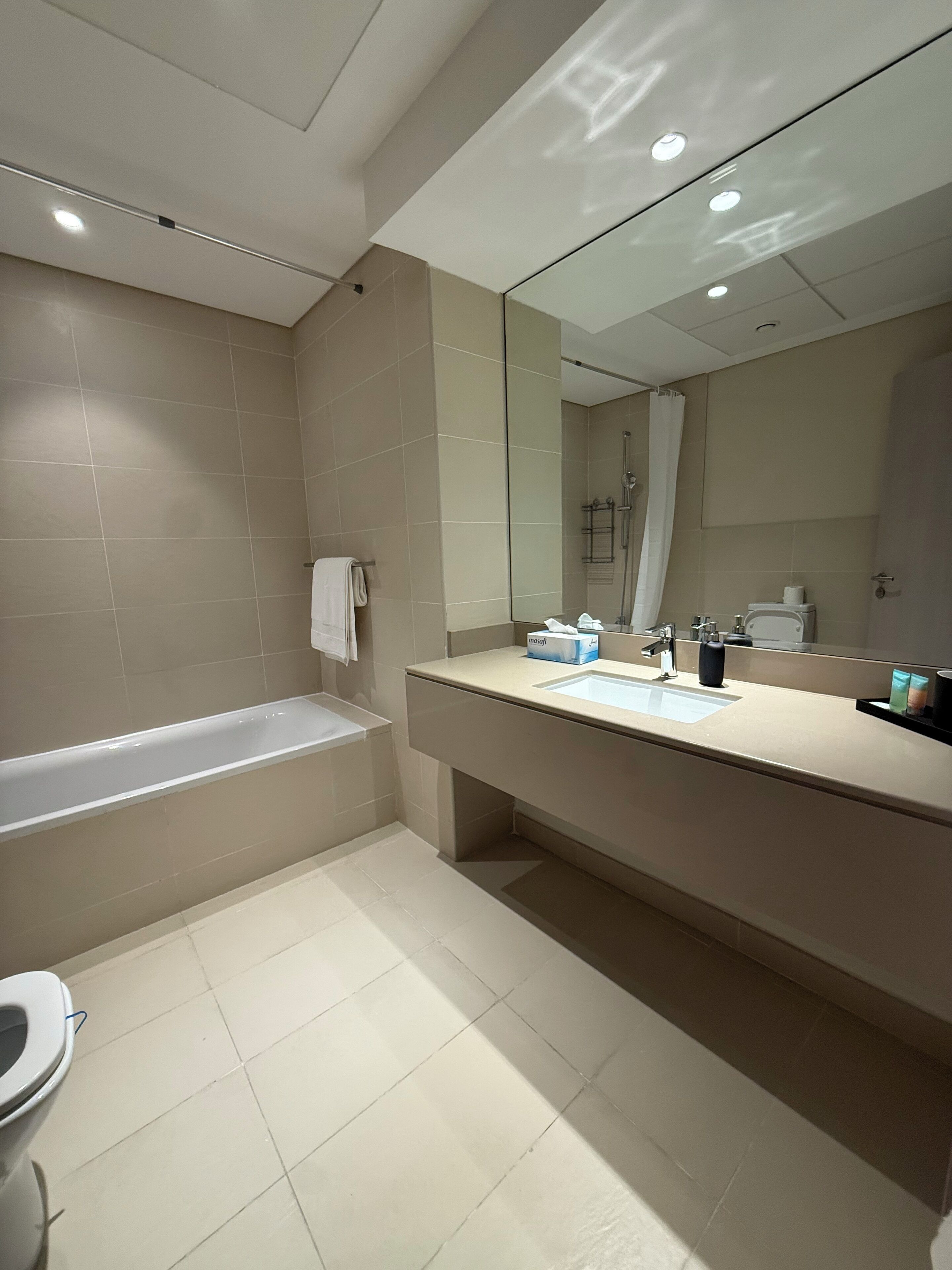 Hair dryer, bidet, towels, soap