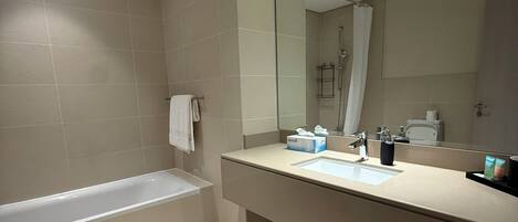 Hair dryer, bidet, towels, soap