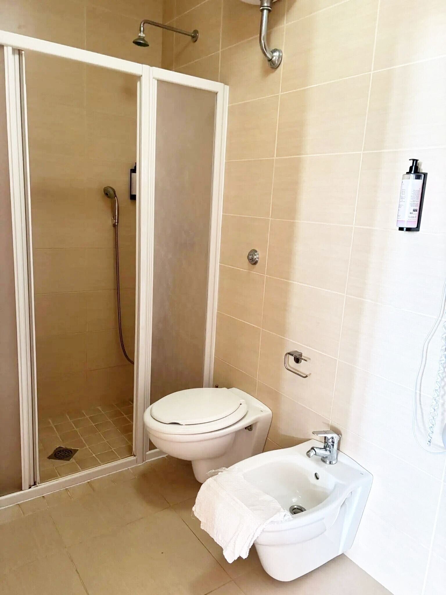 A bathroom with a shower, toilet, and bidet.
